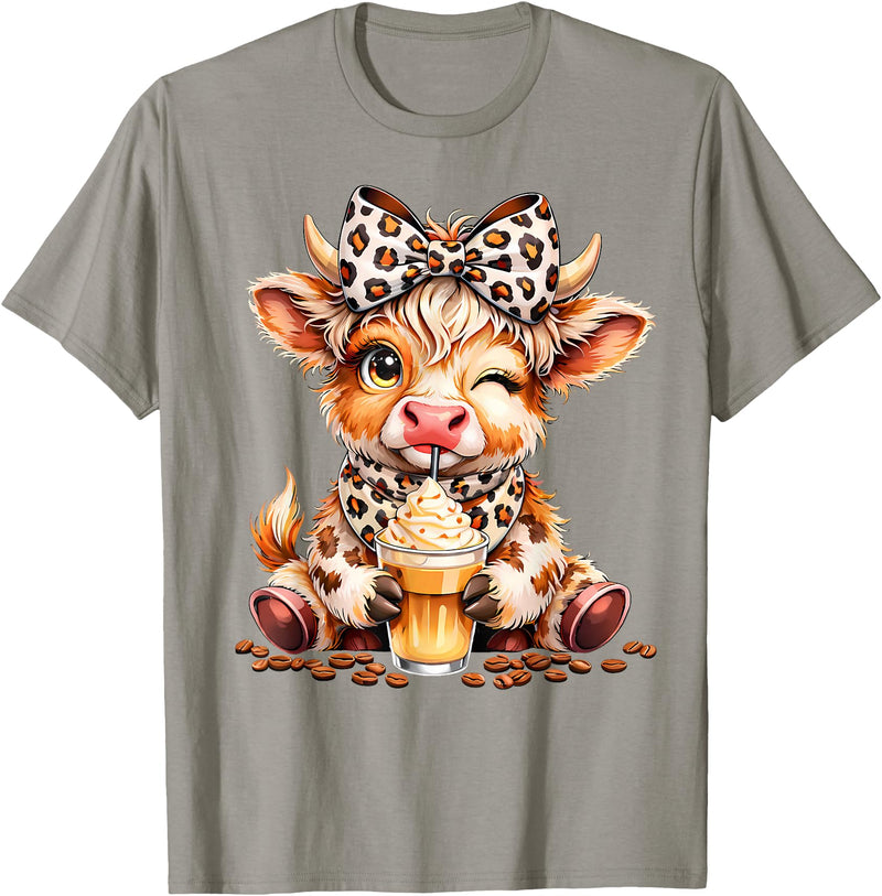 Cute Highland Cow Coffee Addict Leopard Bow Highland Cow Coffee Addict Funny Drink Coffee T-Shirt - Slate Grey