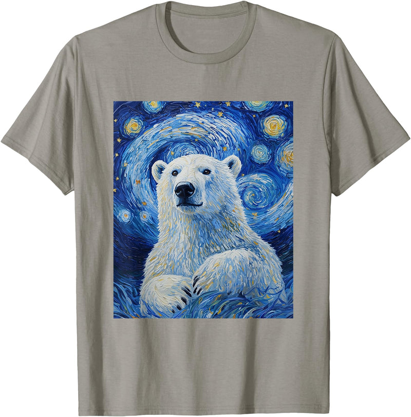 Bear Designs. Cute Polar Bear Van Gogh Style Starry Night Graphic T-Shirt - Slate Grey