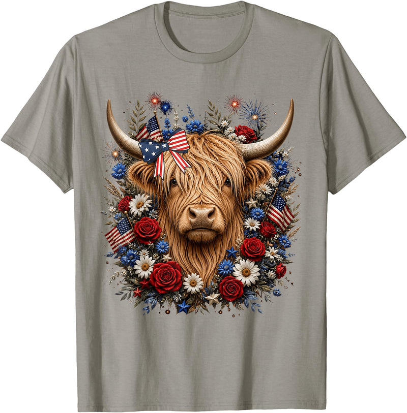 Funny July 4th Highland Cow Farm Lovers Highland Cow Florals 4th of July USA Flag Patriotic Women T-Shirt - Slate Grey