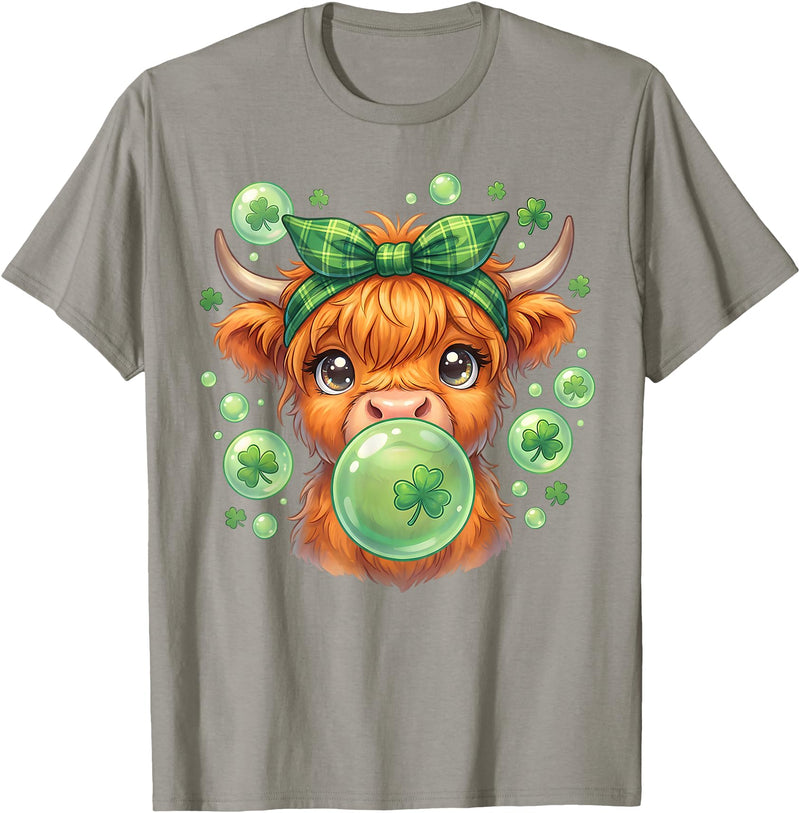 St. Patricks Day Highland Cow Blowing Bubblegum Celebrate St Patricks Day T-Shirt - Slate Grey