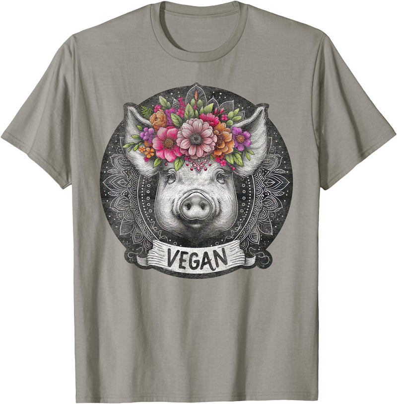 Pig with Flowers Vegan Retro Products Pig with Flowers Vegan Retro – Boho Hippie Cute T-Shirt - Slate Grey