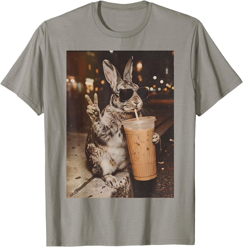 Rabbit Drinking Iced Coffee Funny Easter Bunny Men Women T-Shirt in Slate Grey