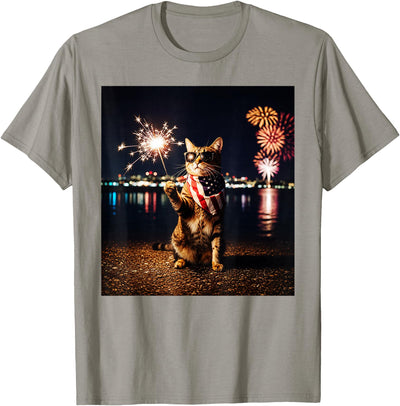 4th Of July Funny Patriotic Cat USA Flag 4th of July Funny Patriotic USA Cat Patriotic with Firework T-Shirt