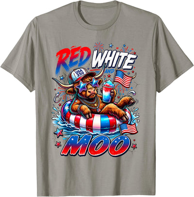 Cute Red White Moo Highland Cow 4th July Summer and 250 T-Shirt