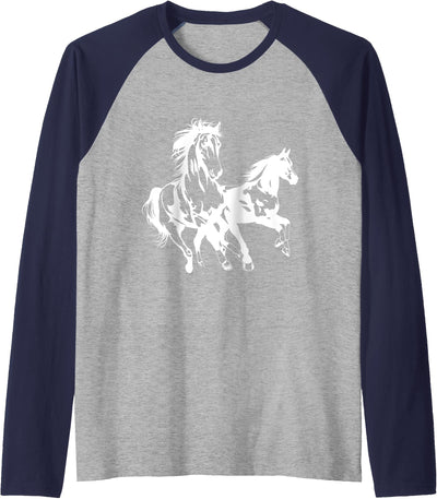 Horse Love Designs Two Horses in White Outline Raglan Baseball Tee