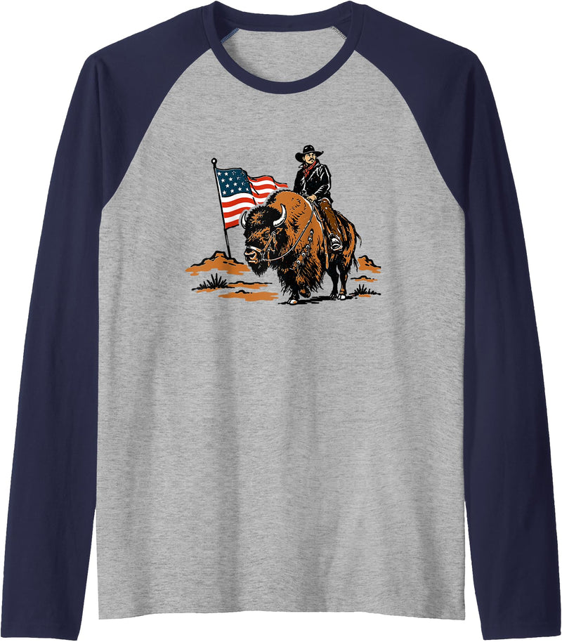 American Cowboy Bison Rodeo Patriotic 4th Of July Retro Western Cowboy Riding Buffalo 4th of July Rodeo Summer Raglan