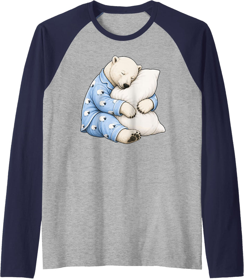 Funny Sleepy Polar Bear Pajama Polar Bear Sleeping in Cute Pajamas Sleep Raglan Baseball Tee - Navy Blue/Athletic Heather