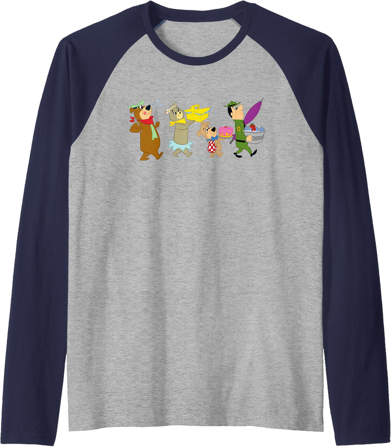 Yogi Bear Marching to the Picnic Raglan Baseball Tee - Navy Blue/Athletic Heather