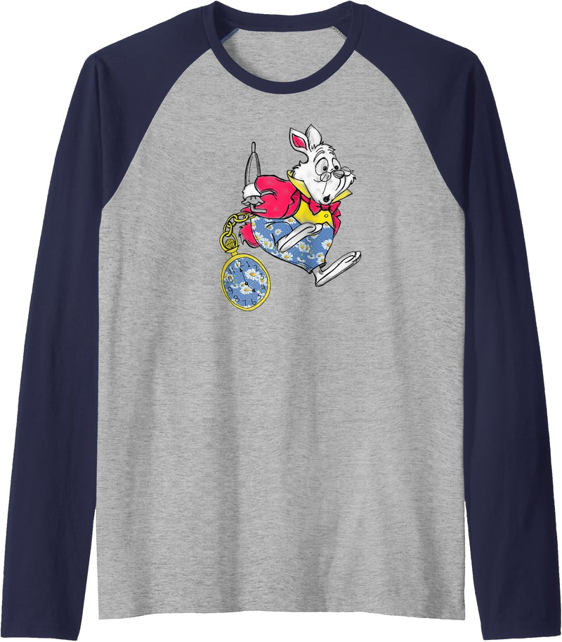 Alice in Wonderland - Late White Rabbit Raglan Baseball Tee in Navy Blue/Athletic Heather