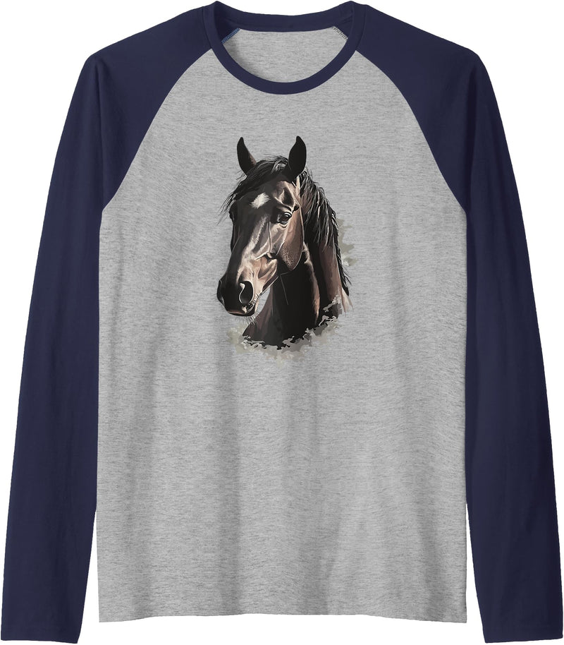 Horse Animal Face Horse Raglan Baseball Tee - Navy Blue/Athletic Heather
