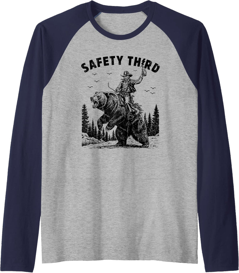 Cowboy Western Bear Tee Safety Third, Funny Guys, Grizzly Bear, Cowboy Western Raglan Baseball Tee - Navy Blue/Athletic Heather