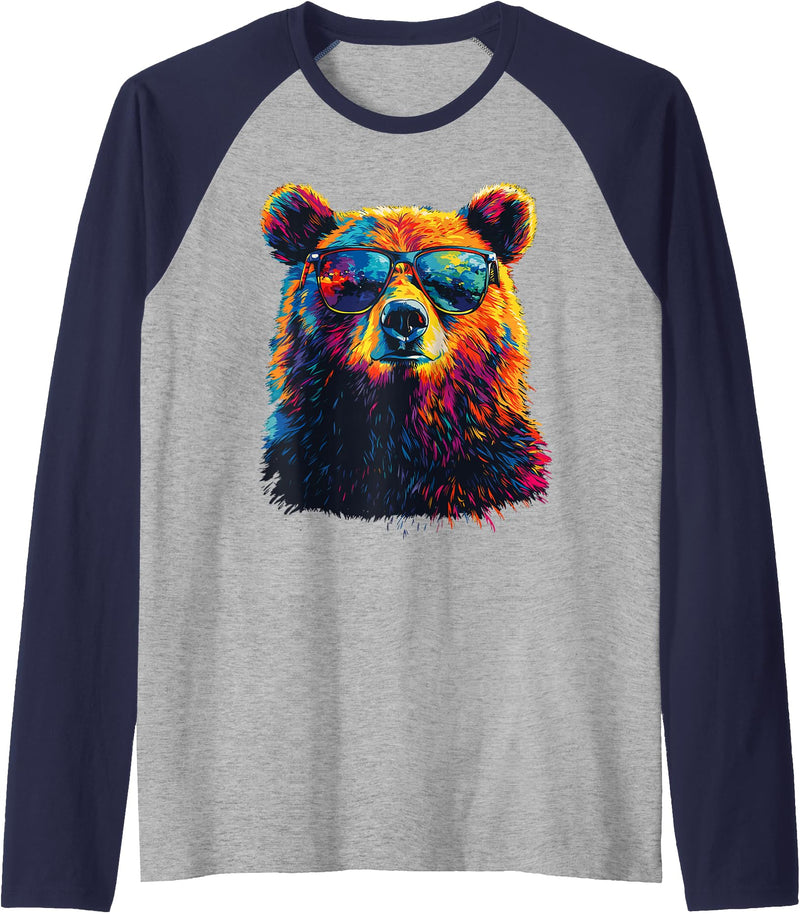 Colorful Forest Illustration Bear Art Nature Bear Wearing Sunglasses Wildlife Graphic Colorful Bear Raglan Baseball Tee - Navy Blue/Athletic Heather