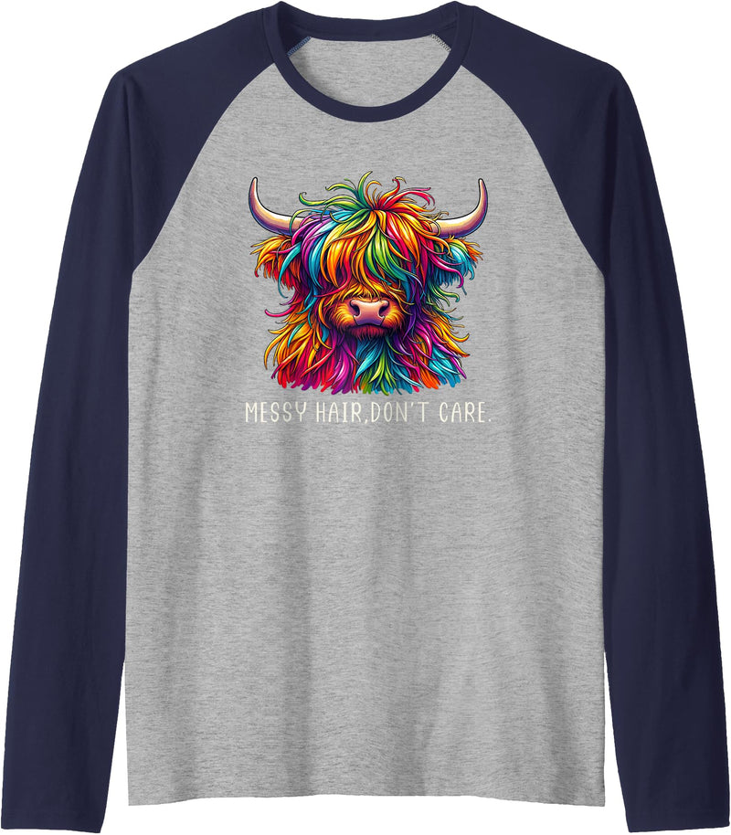 Cow Couture Creations Highland Cow Messy Hair Colorful Raglan Baseball Tee - Navy Blue/Athletic Heather