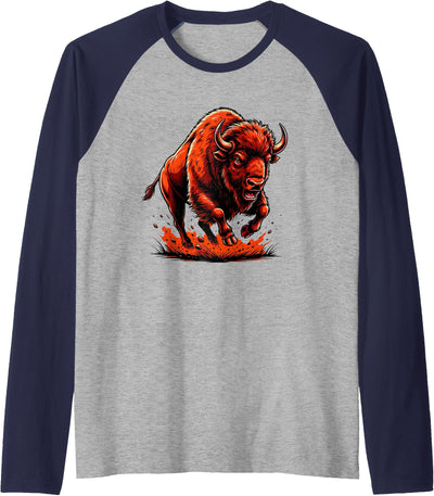 Bison Buffalo Stampeding Nature Wildlife Art Raglan Baseball T-Shirt