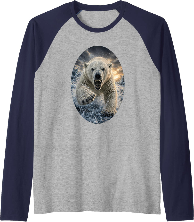Untamed Horizon Collection Polar Bear Wildlife Art Majestic Arctic Nature Graphic Raglan Baseball Tee - Navy Blue/Athletic Heather
