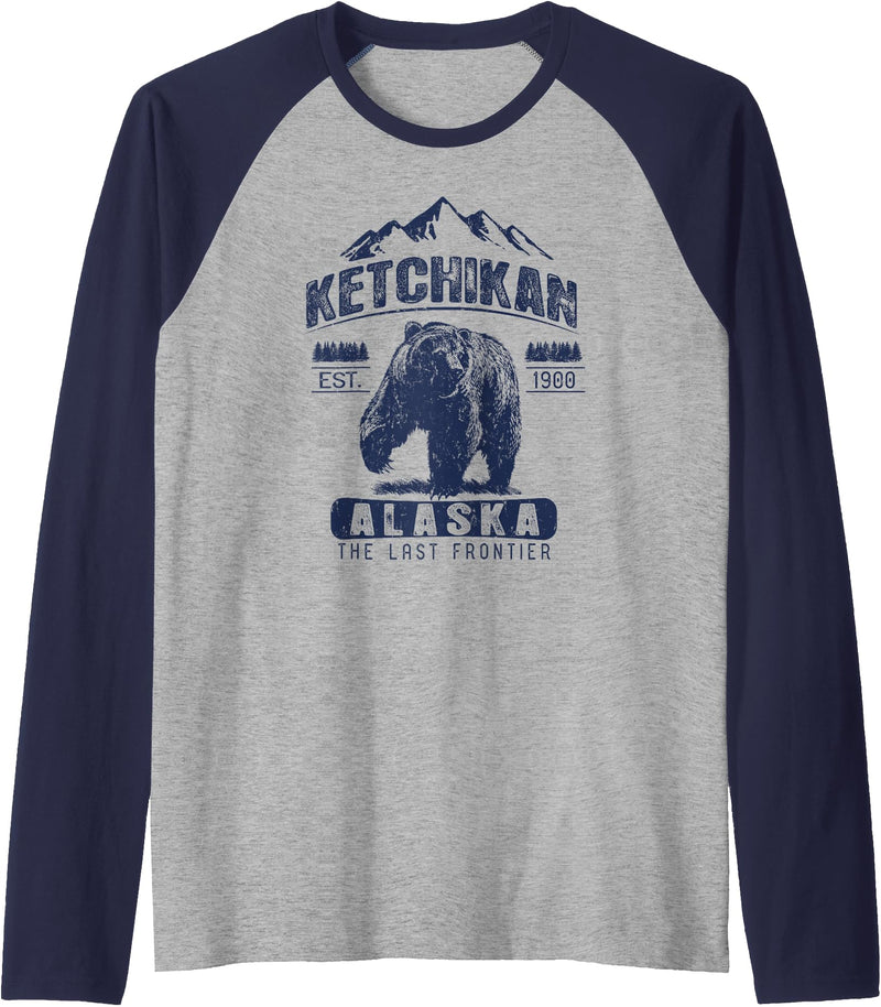 Ketchikan Alaska Souvenir Gift Shirts Vintage Bear Ketchikan Alaska Shirt - Ketchikan AK Raglan Baseball Tee - Navy Blue/Athletic Heather