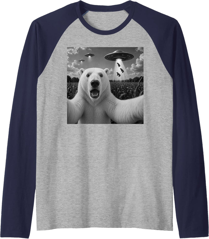 Retro Polar Bear Selfie with UFOs Meme Polar Bear Selfie with UFO Alien Funny Raglan Baseball Tee - Navy Blue/Athletic Heather