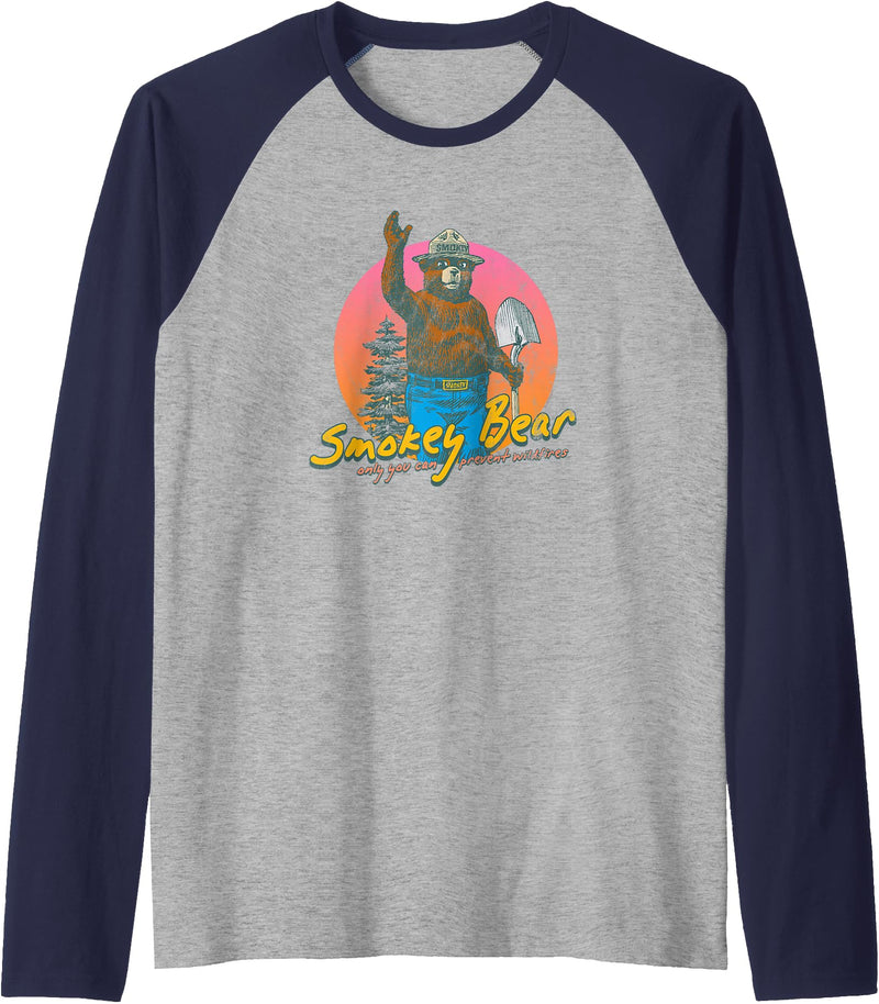 Smokey Bear Retro Smokey Bear Colorful Sunset PSA Raglan Baseball Tee - Navy Blue/Athletic Heather