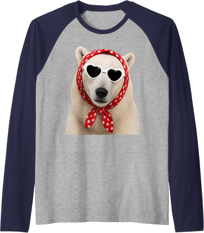Funny Polar Bear with Sunglasses Cute Polar Bear Lover Heart Sunglasses Raglan Baseball Tee - Navy Blue/Athletic Heather