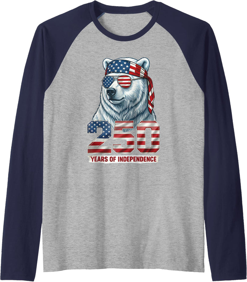 Patriotic Bear Freedom Anniversary Celebration Polar Bear 250 Years of Independence Patriotic America 1776 Raglan Baseball Tee - Navy Blue/Athletic Heather
