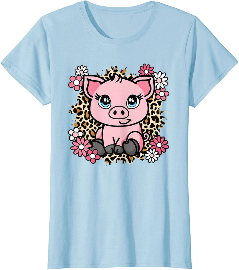 KATYLIN Cute Pig Flowers Pig Lover Women Girls Kids T-Shirt - Baby Blue