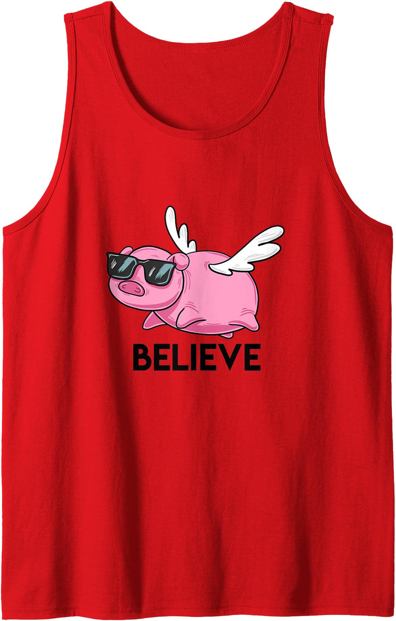 BoredKoalas Puns Believe Flying Pig with Sunglasses Funny Animal Puns Gift Tank Top - Red