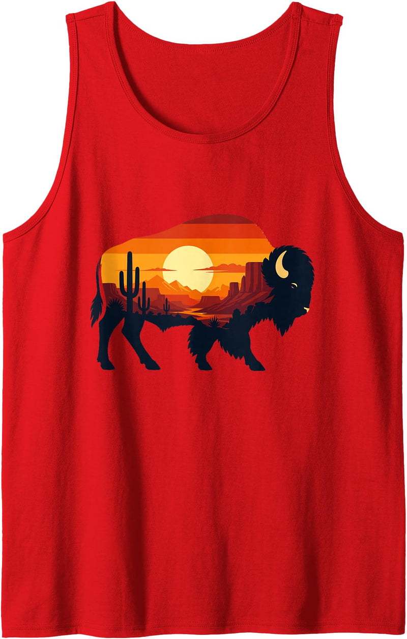 Wild Bison Sunset Desert Landscape Nature Desert Buffalo Silhouette Cactus Sunset Scene Tank Top - Red