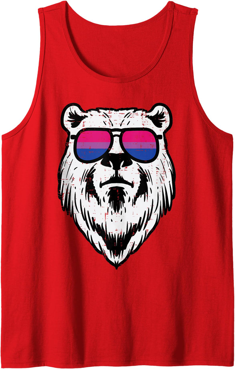 Bisexual Bi Pride Stuff Men Women Gifts Bear Face Bisexual Sunglasses Bi Pride Flag LGBTQ Men Women Tank Top - Red