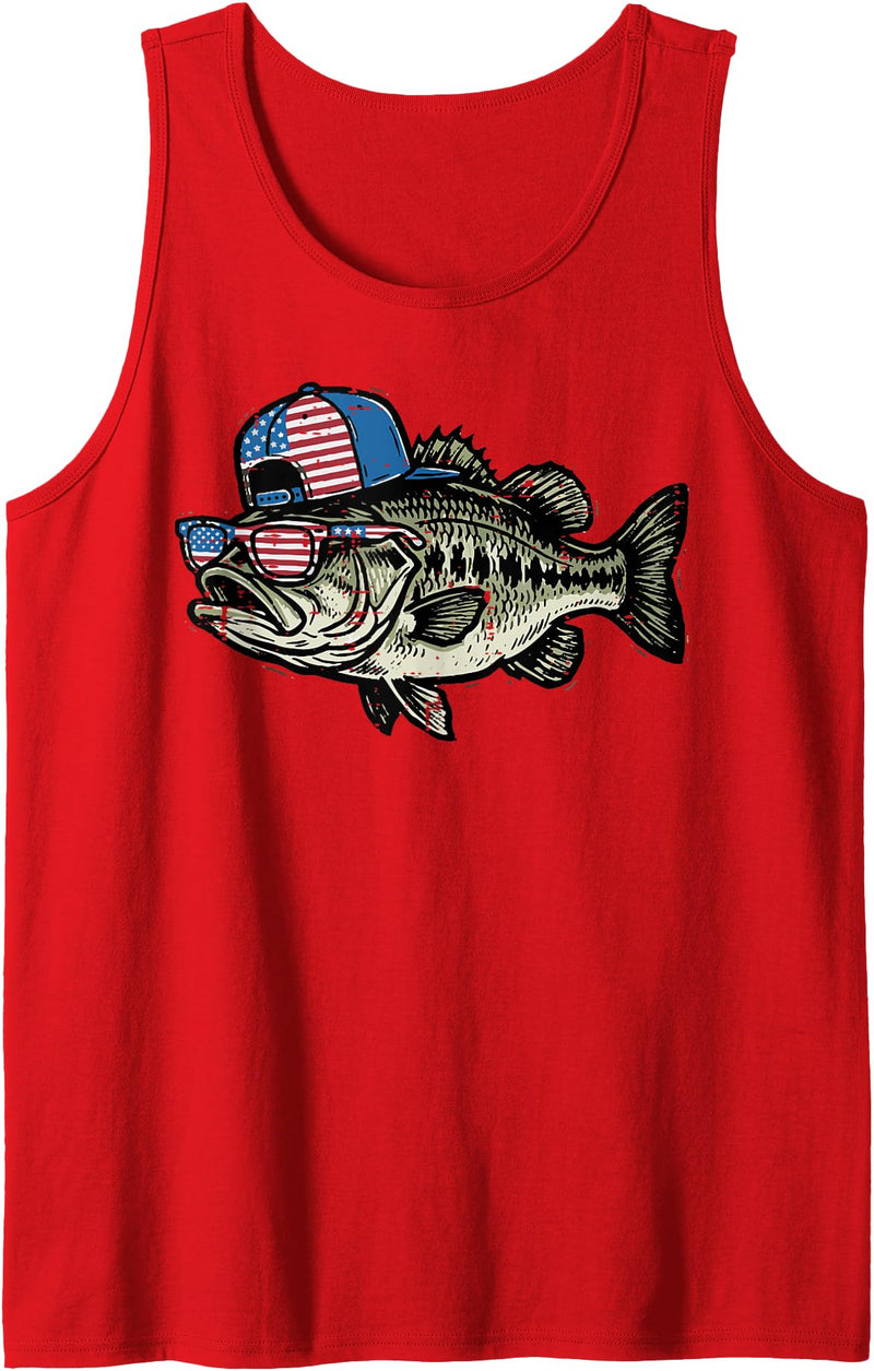 4th Of July For Women Men Kids Fourth Gift 4th of July Bass Fish US Flag Cap Patriotic Fishing Men Kids Tank Top - Red