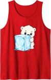 Cute Polar Bear Ice Cube Arctic Kawaii Adorable Baby Polar Bear Hugging Big Ice Cube Tank Top - Red