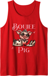 Stylish Swine Designs Boujee Pig with Sparkle and Style Pink Fashionista Tank Top - Red
