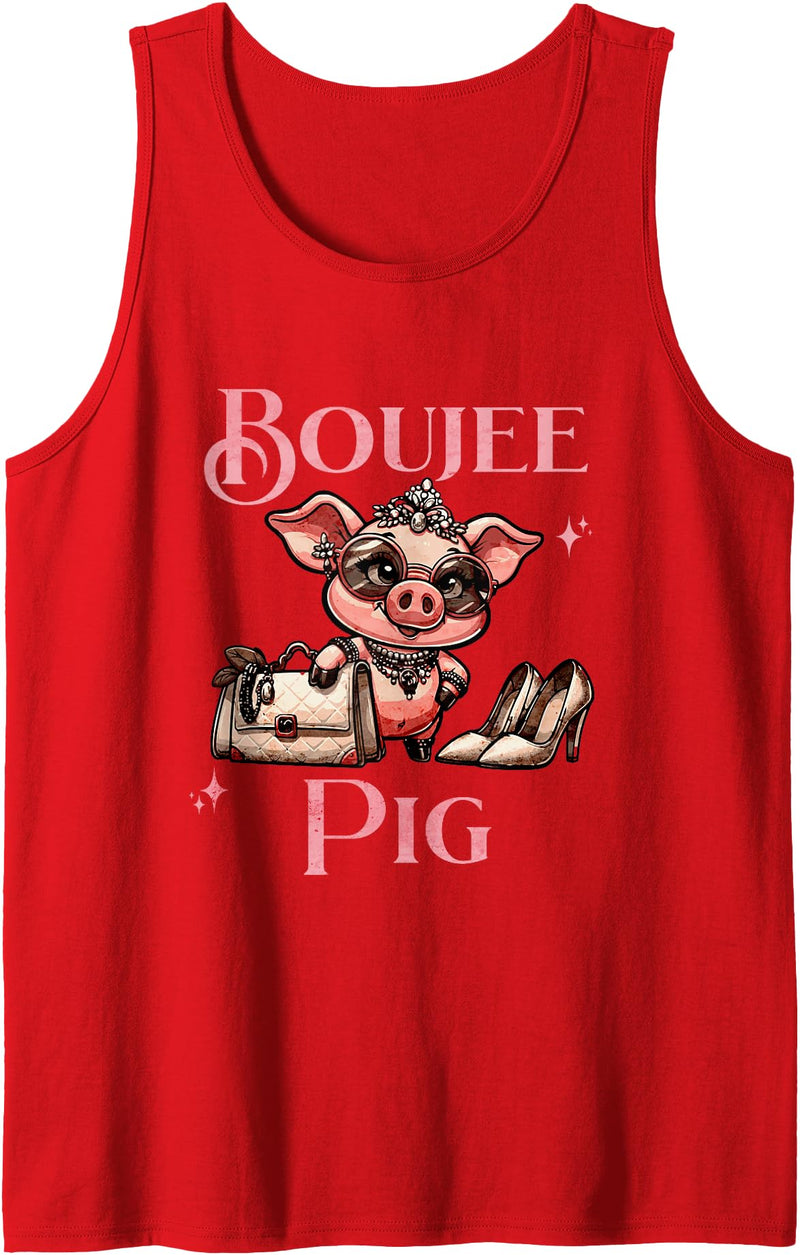 Stylish Swine Designs Boujee Pig with Sparkle and Style Pink Fashionista Tank Top - Red