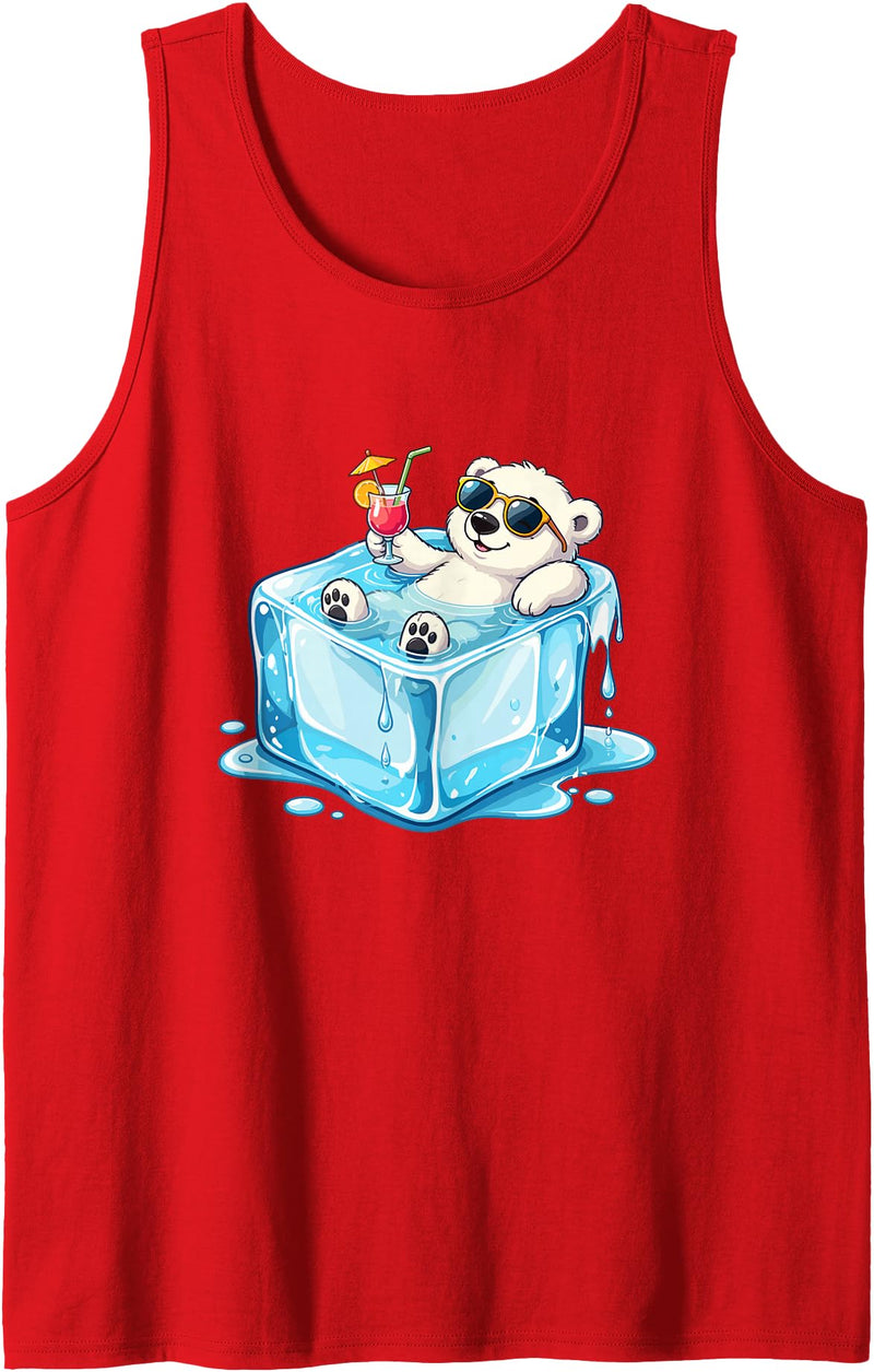 Cool Polar Bear Summer Vibes Chill Ice Cube Lazy Polar Bear in Ice Cube Tropical Cocktail Tank Top - Red
