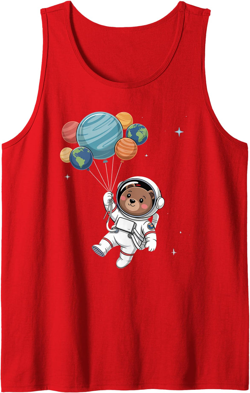 Astronaut Balloon Mens Astronaut Costume Kids Womens Astronaut Bear Holding Planet Balloons Outer Space Tank Top - Red