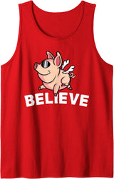 Funny Happy Piglet Farm Life Farmer Motivational Believe Flying Pig with Sunglasses Funny Animal Lover Gifts Tank Top - Red