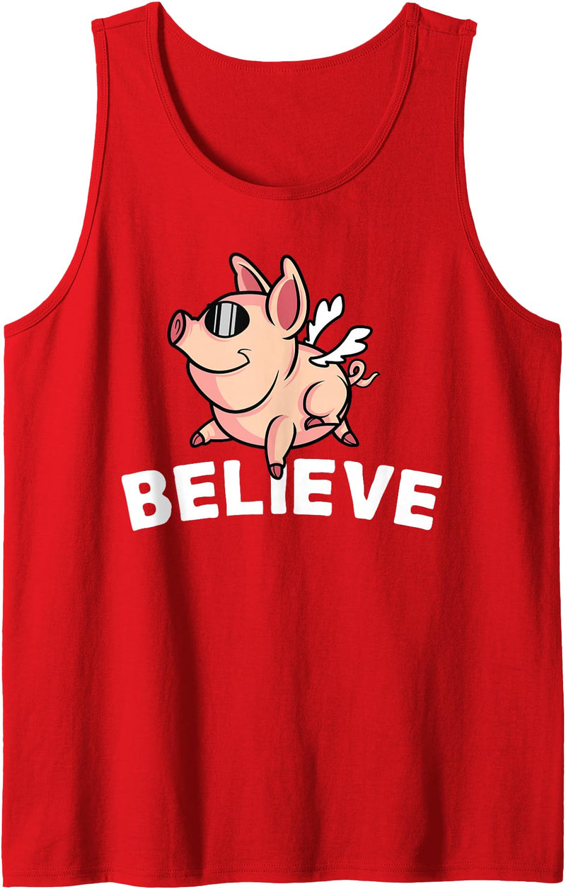 Funny Happy Piglet Farm Life Farmer Motivational Believe Flying Pig with Sunglasses Funny Animal Lover Gifts Tank Top - Red