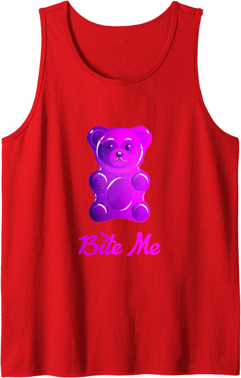 Bahaa's Tee Cool Bite Me Colorful Gummy Bear Candy Illustration Graphic Tank Top - Red