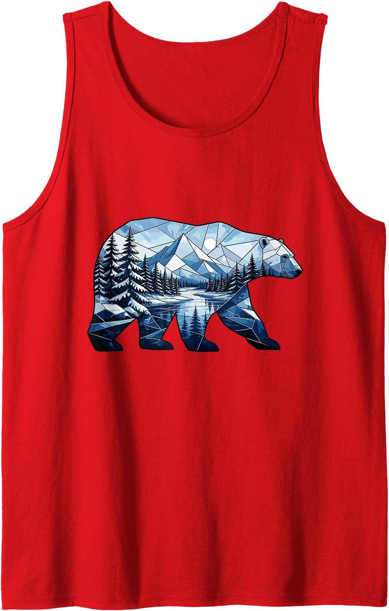Wild Bear Mountain Forest Nature Landscape Geometric Polar Bear Winter Mountain Scene Tank Top - Red