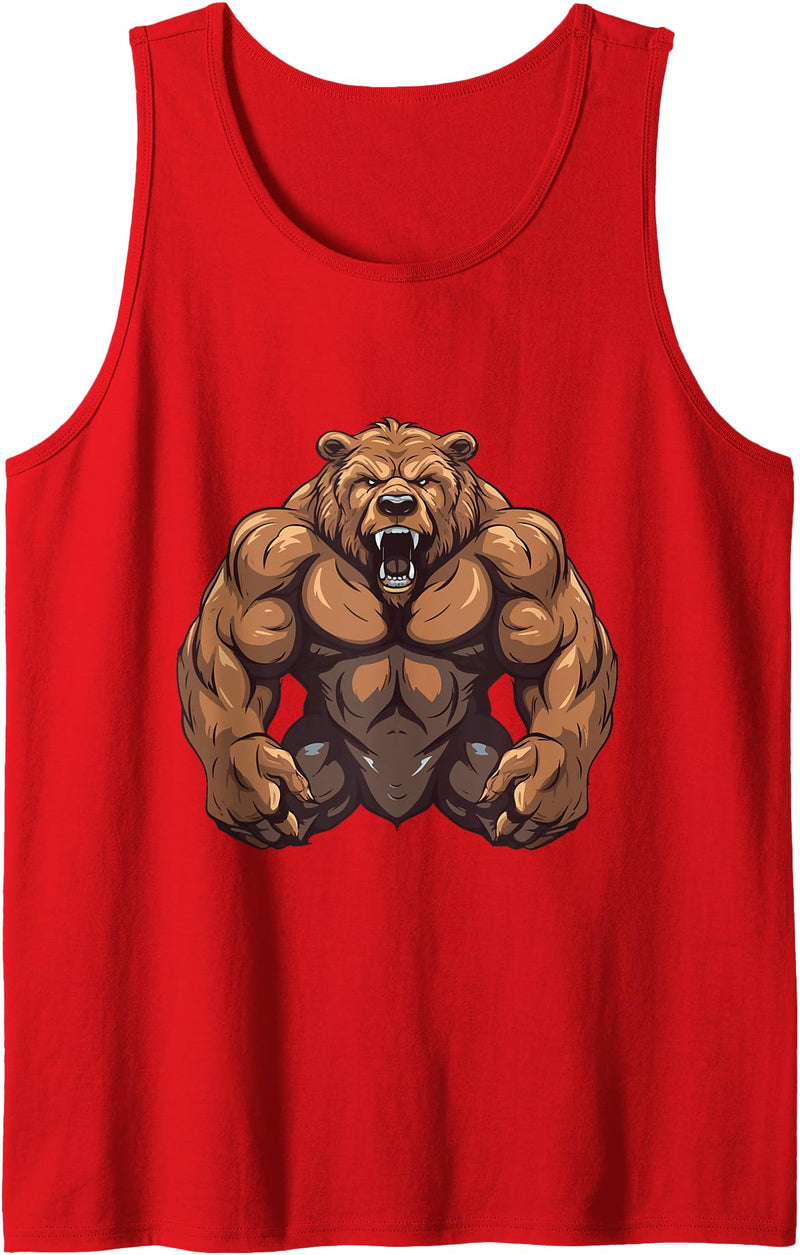 Workout Power Mood Inc Grizzly Bear WIth Muscles Workout Gym MMA Fighter Tank Top - Red