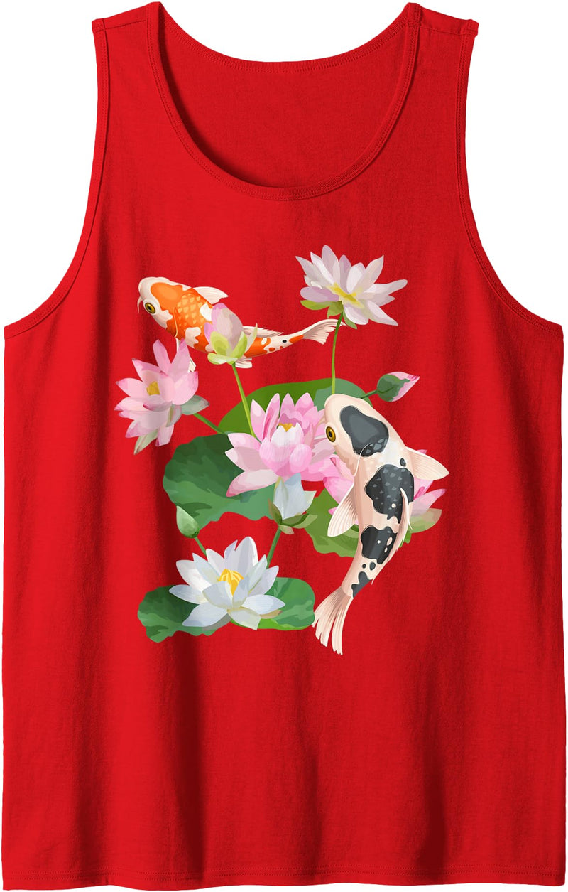 Koi Fish Unlimited Japanese Koi Carp Nishikigoi Fish Water Lilies Pads Tank Top - Red