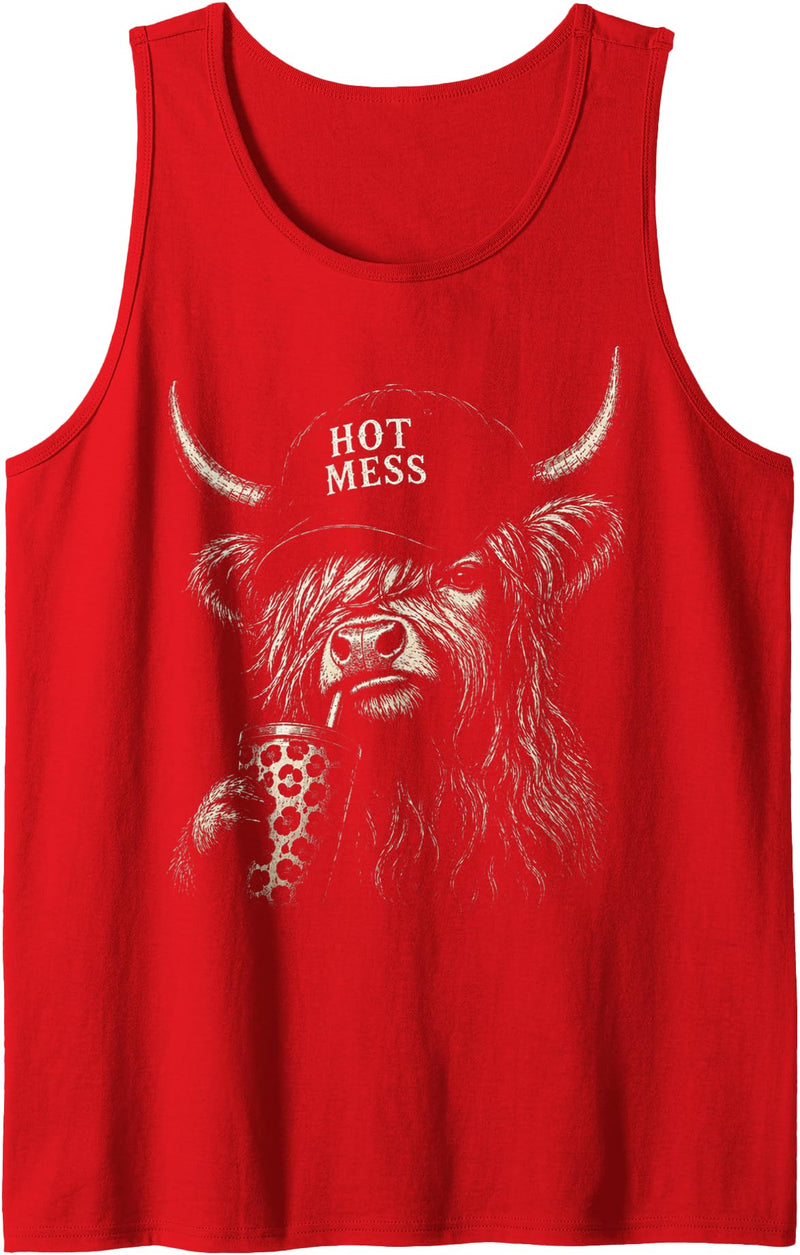 Hot Mess Highland Cow Funny Cute Coffee Lover Hot Mess Leopard Highland Cow Coffee Farm Animal Lover Tank Top - Red