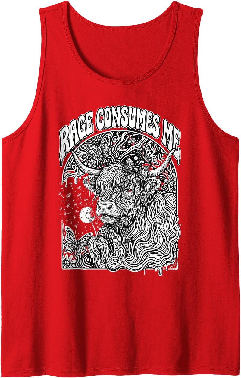 Cute Highland Cow Rage Consume Me Meme Designs Rage Consumes Me Highland Cow Flower Cute Tank Top - Red