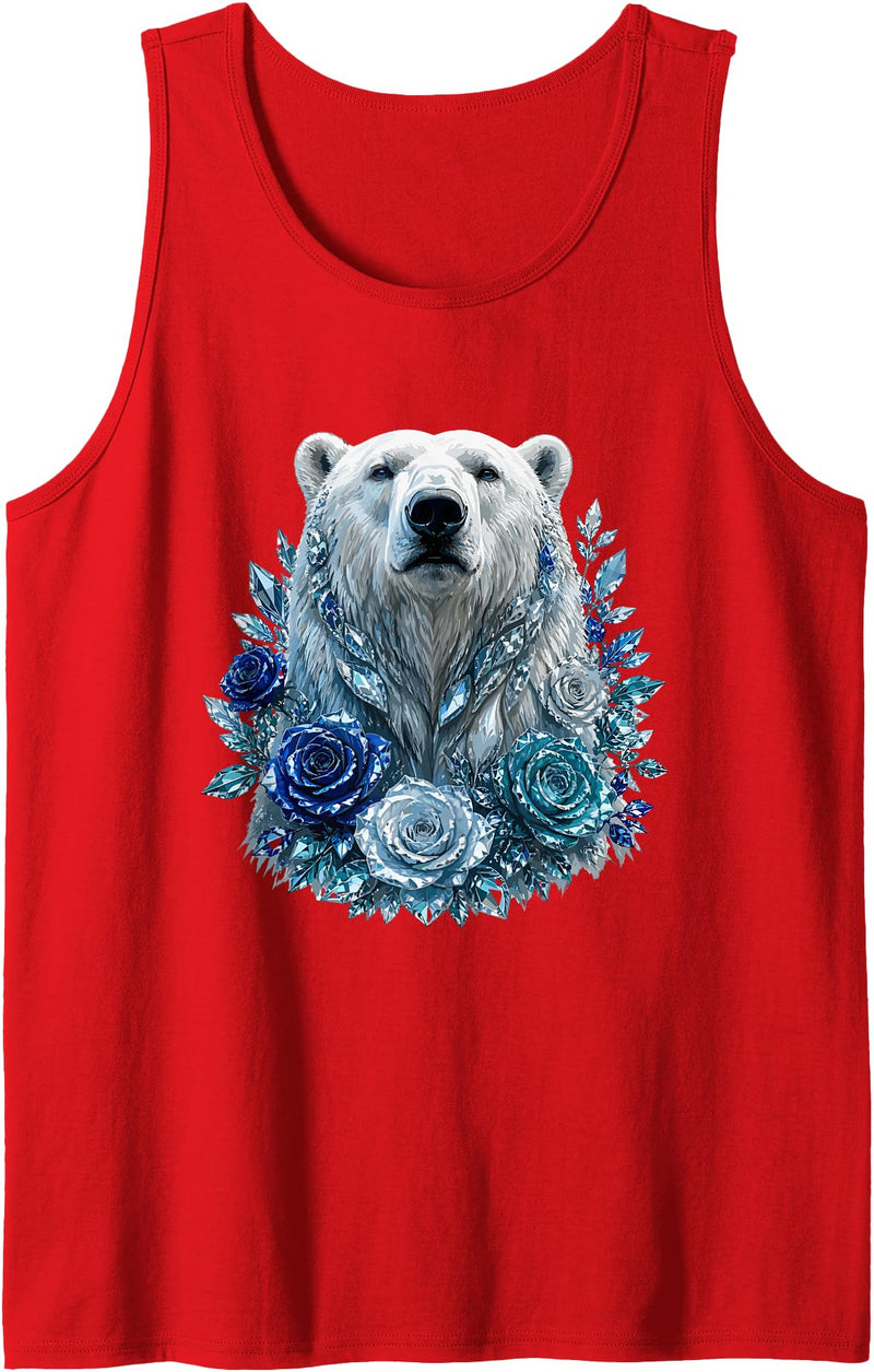 Arctic Polar Bear Crystal Rose Winter Spirit Majestic Polar Bear with Blue Ice Crystal Roses Tank Top - Red
