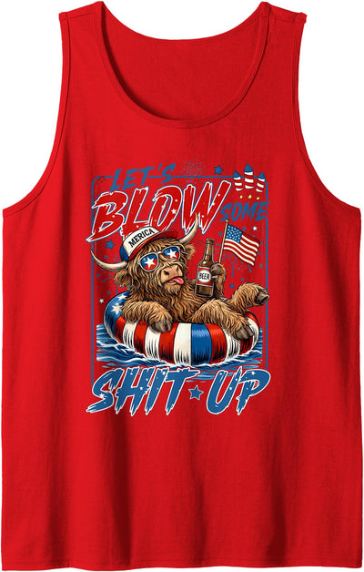 Some Shit Up Funny Highland Cow Usa Flag 4th July Tank Top