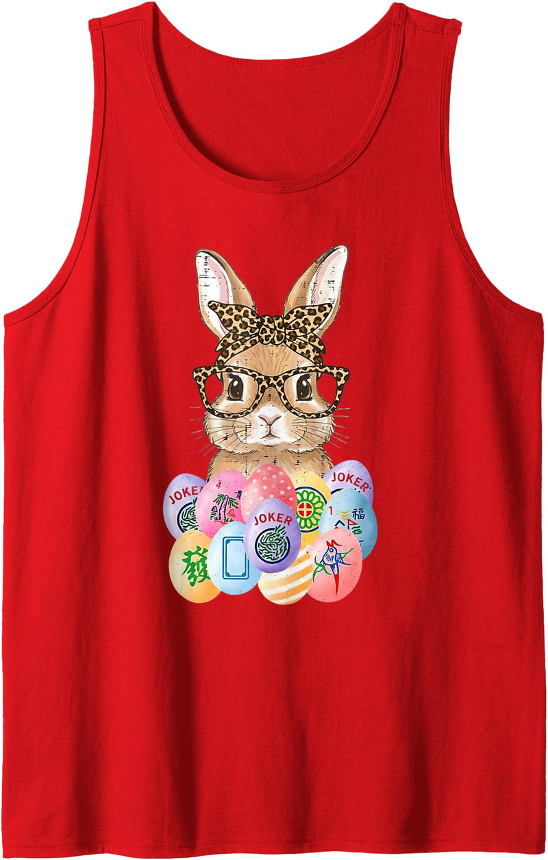 Easter Bunny Glasses Bandana Leopard Rabbit Mahjong Player Tank Top in Red