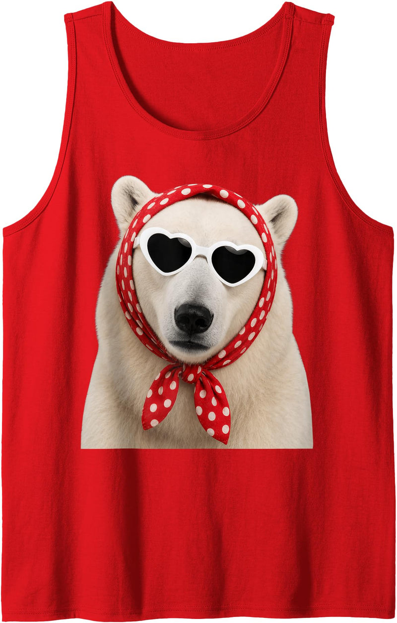 Funny Polar Bear with Sunglasses Cute Polar Bear Lover Heart Sunglasses Tank Top - Red