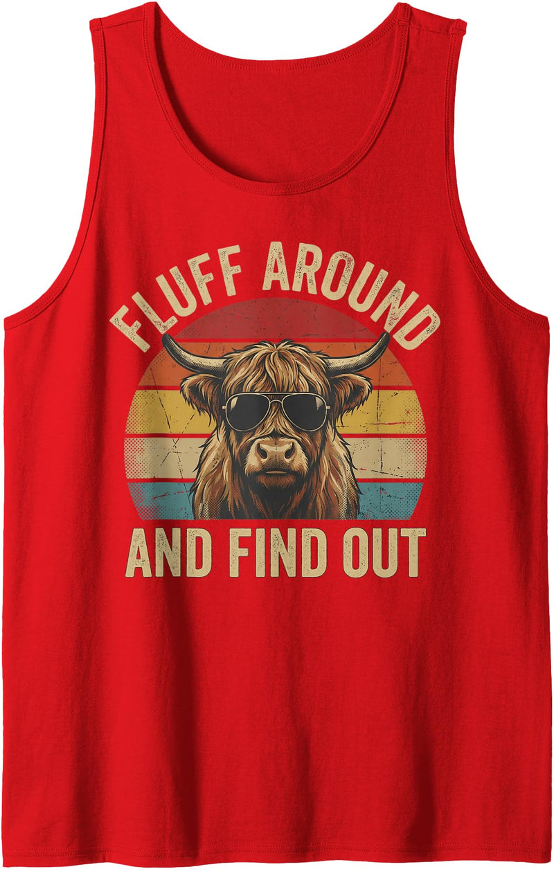 Funny Highland Cow Western Humor Fluff Around and Find Out Funny Retro Highland Cow Sunglasse Tank Top - Red