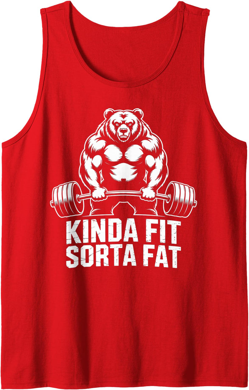 Iron Routine - Gym Workout Fitness Men Women Gifts Kinda Fit Sorta Fat Funny Gym Bear Workout Weightlifting Tank Top - Red