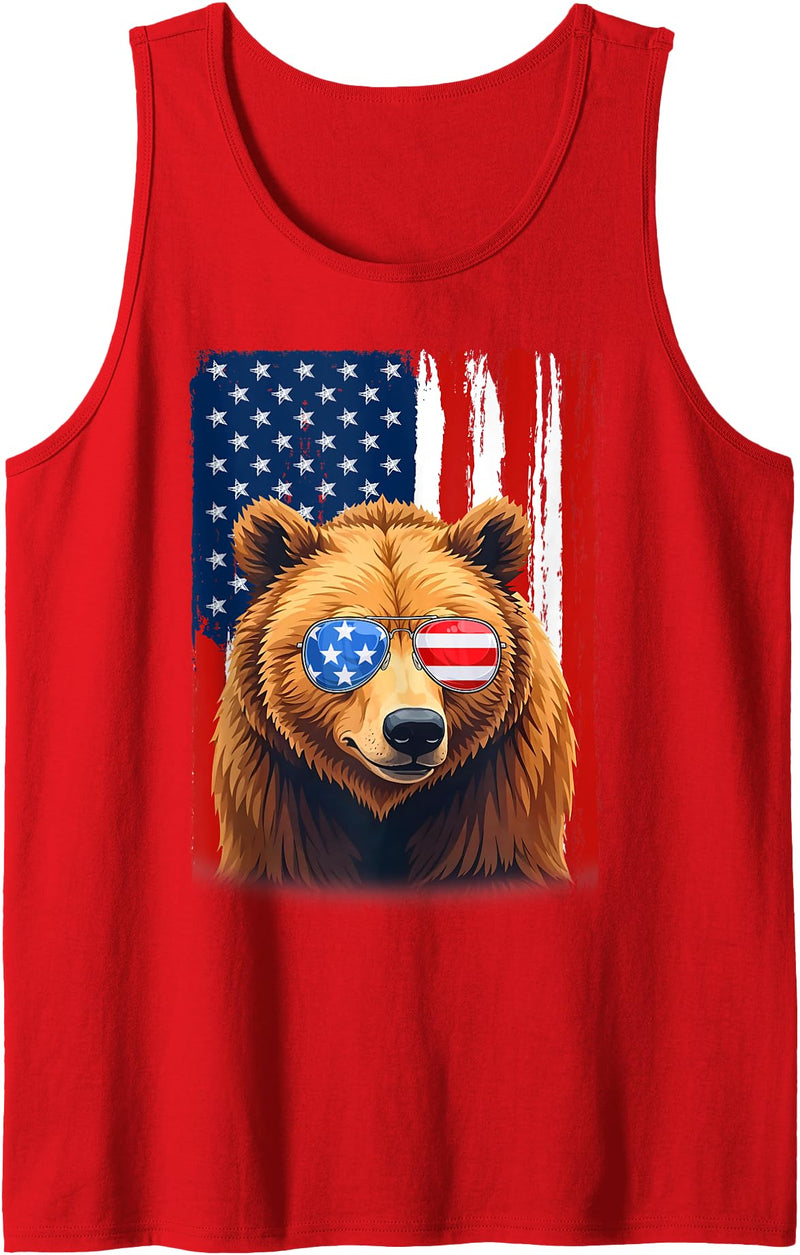 Patriotic USA Flag Grizzly Bear 4th of July Co. Grizzly Bear US America Flag Men Women 4th of July Patriotic Tank Top - Red