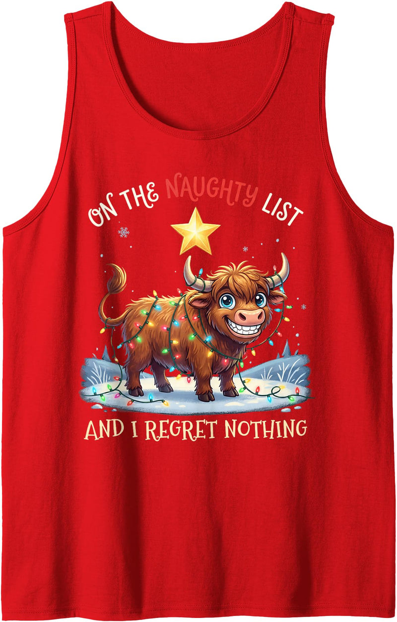 Highland Cows Funny Meme Shirt On Naughty List Regret Nothing Christmas Highland Cow Tank Top - Red